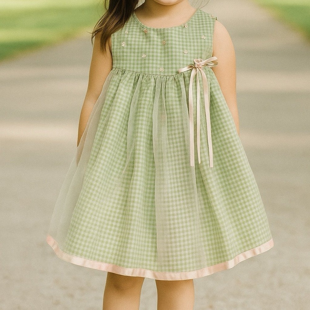 Ashley Ann Gingham Dress Toddler‎ 24M Green Excellent Floral Organza Overlay